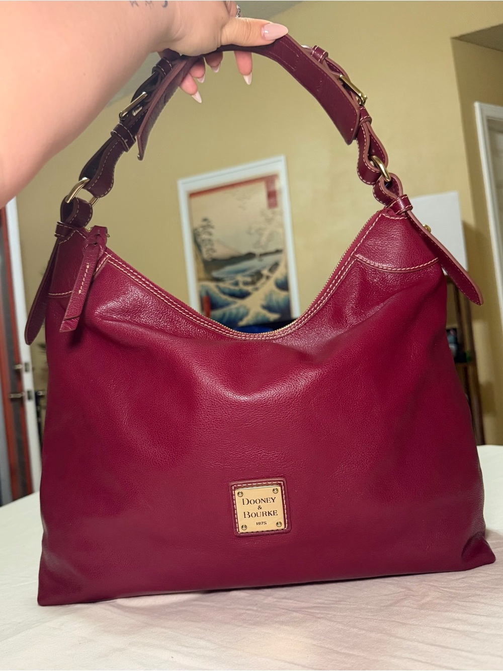 Vintage Dooney & Bourke Burgundy Pebbled Leather Large Hobo Shoulder Bag